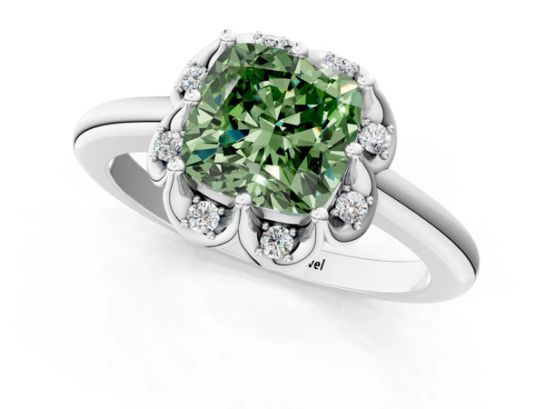 Platinum Fancy Green Cushion  Halo Diamond Ring with Round Cluster Setting, Solitaire Band, and Four-Prong Setting