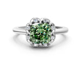 White gold Fancy Green Cushion  Halo Diamond Ring with Round Cluster Setting, Solitaire Band, and Four-Prong Setting_49