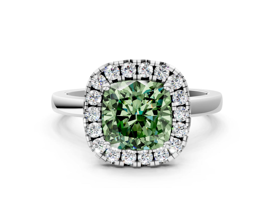 White gold Fancy Green Cushion  Halo Diamond Solitaire with Pavé Band and Four-Prong Setting_127