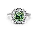 White gold Fancy Green Cushion  Halo Diamond Solitaire with Pavé Band and Four-Prong Setting_127