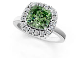 White gold Fancy Green Cushion  Halo Diamond Solitaire with Pavé Band and Four-Prong Setting_129