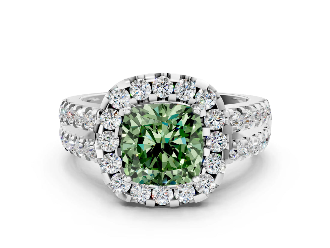 White gold Fancy Green Cushion  Halo Diamond Split Shank Engagement Ring with Prong Setting_39