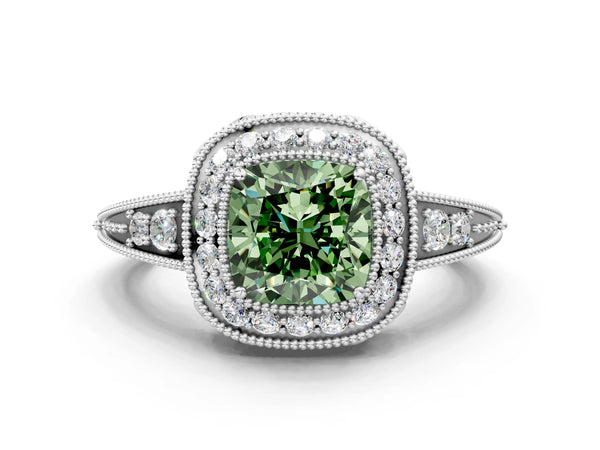 Platinum Fancy Green Cushion  Halo Diamond Split Shank Ring with Milgrain Detail