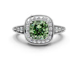 White gold Fancy Green Cushion  Halo Diamond Split Shank Ring with Milgrain Detail_49