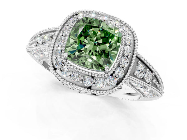 Platinum Fancy Green Cushion  Halo Diamond Split Shank Ring with Milgrain Detail