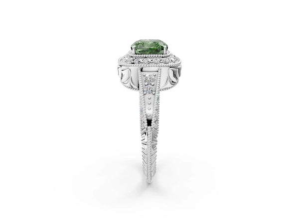 Platinum Fancy Green Cushion  Halo Diamond Split Shank Ring with Milgrain Detail