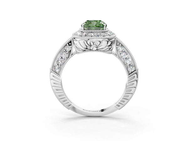 Platinum Fancy Green Cushion  Halo Diamond Split Shank Ring with Milgrain Detail