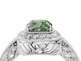 White gold Fancy Green Cushion  Halo Diamond Split Shank Ring with Milgrain Detail_53