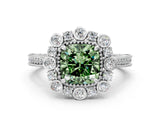 White gold Fancy Green Cushion  Halo Milgrain Pave Diamond Ring with Four-Prong Setting 1