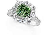 White gold Fancy Green Cushion  Halo Milgrain Pave Diamond Ring with Four-Prong Setting 2