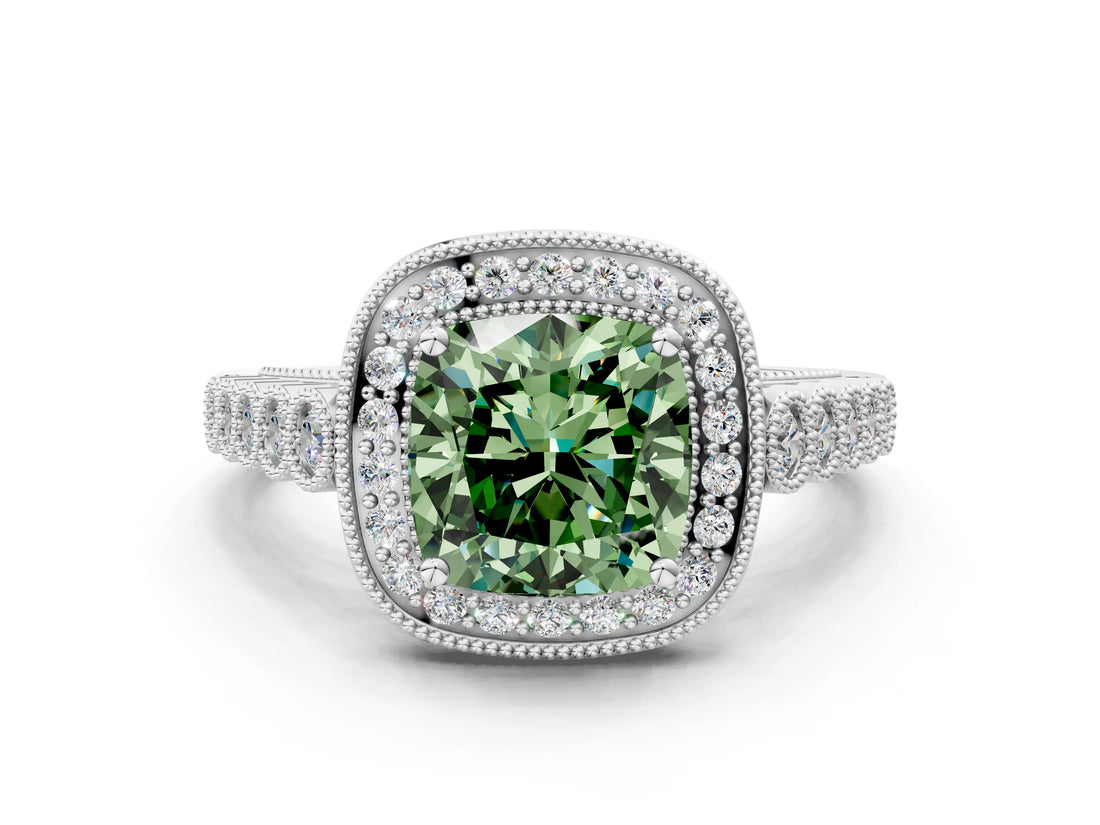 White gold Fancy Green Cushion  Halo Milgrain Solitaire with Bezel Set Side Stones and Pave Band_32