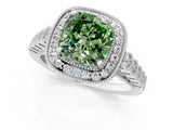 White gold Fancy Green Cushion  Halo Milgrain Solitaire with Bezel Set Side Stones and Pave Band_33