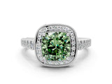 White gold Fancy Green Cushion  Halo Milgrain Solitaire with Bezel Set Side Stones and Pave Band_33
