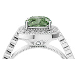 White gold Fancy Green Cushion  Halo Milgrain Solitaire with Bezel Set Side Stones and Pave Band_36