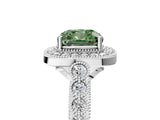 White gold Fancy Green Cushion  Halo Milgrain Solitaire with Bezel Set Side Stones and Pave Band_37