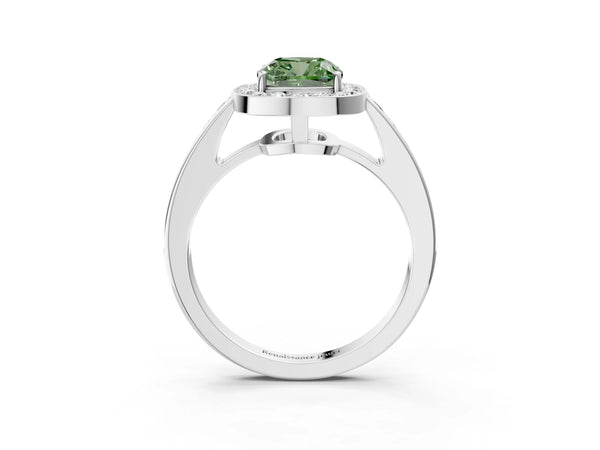 White gold Fancy Green Cushion  Halo Pavé Diamond Engagement Ring with Bezel Setting
