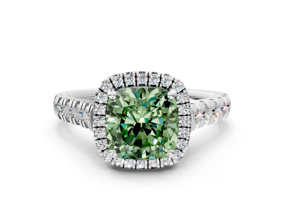 White gold Fancy Green Cushion  Halo Pavé Diamond Engagement Ring with Four-Prong Setting_26
