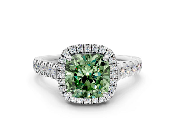 White gold Fancy Green Cushion  Halo Pavé Diamond Engagement Ring with Four-Prong Setting