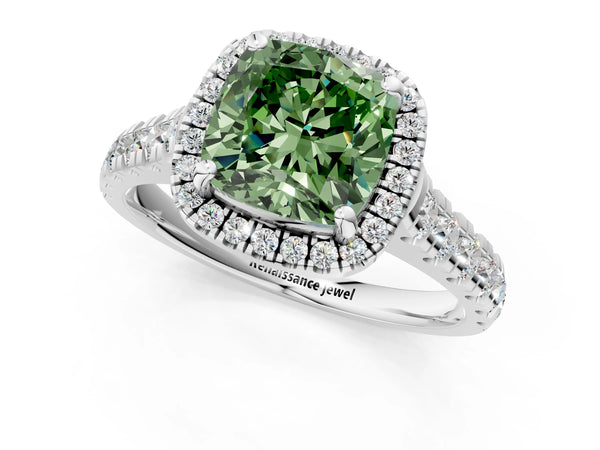 White gold Fancy Green Cushion  Halo Pavé Diamond Engagement Ring with Four-Prong Setting
