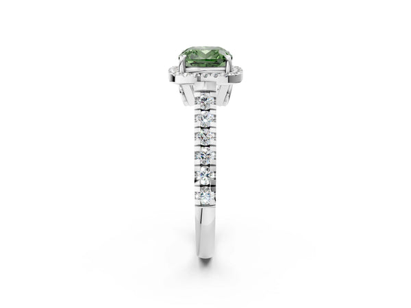 White gold Fancy Green Cushion  Halo Pavé Diamond Engagement Ring with Four-Prong Setting