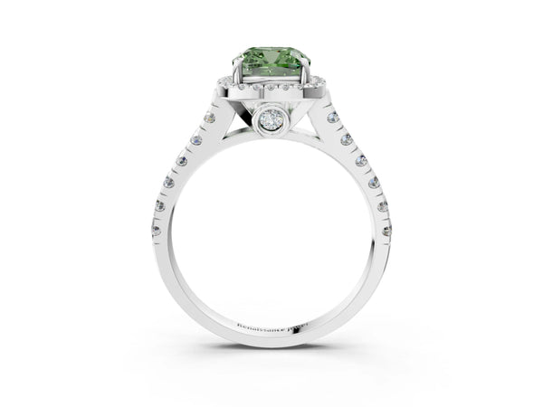White gold Fancy Green Cushion  Halo Pavé Diamond Engagement Ring with Four-Prong Setting