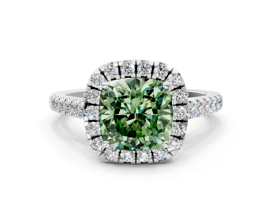 White gold Fancy Green Cushion  Halo Pavé Diamond Engagement Ring with Four-Prong Setting_3
