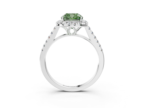 White gold Fancy Green Cushion  Halo Pavé Diamond Engagement Ring with Four-Prong Setting