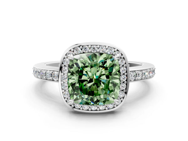 Platinum Fancy Green Cushion  Halo Pave Band Solitaire Ring with Prong Setting