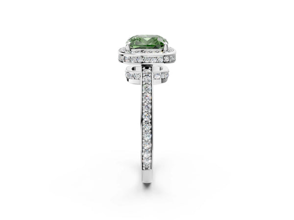 Platinum Fancy Green Cushion  Halo Pave Band Solitaire Ring with Prong Setting