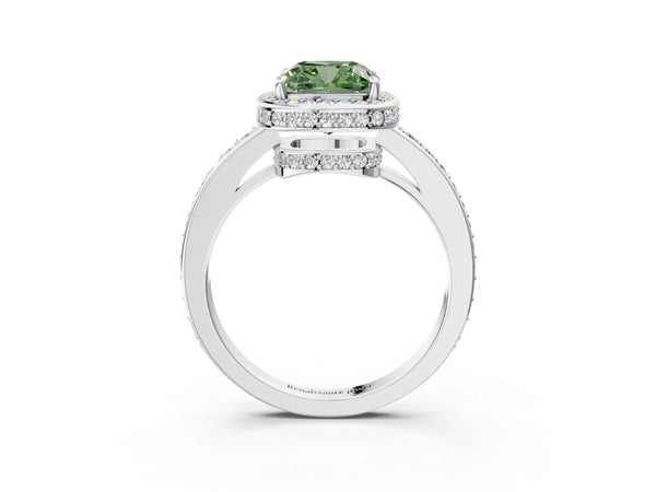 Platinum Fancy Green Cushion  Halo Pave Band Solitaire Ring with Prong Setting