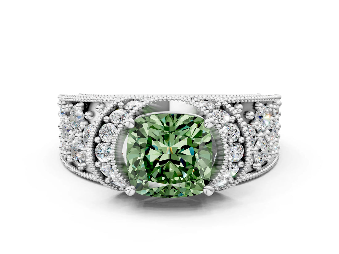 White gold Fancy Green Cushion  Halo Pave Diamond Engagement Ring with Milgrain Detailing_49
