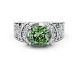 White gold Fancy Green Cushion  Halo Pave Diamond Engagement Ring with Milgrain Detailing_49