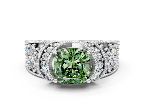 White gold Fancy Green Cushion  Halo Pave Diamond Engagement Ring with Milgrain Detailing