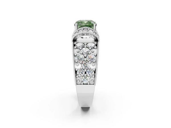 White gold Fancy Green Cushion  Halo Pave Diamond Engagement Ring with Milgrain Detailing
