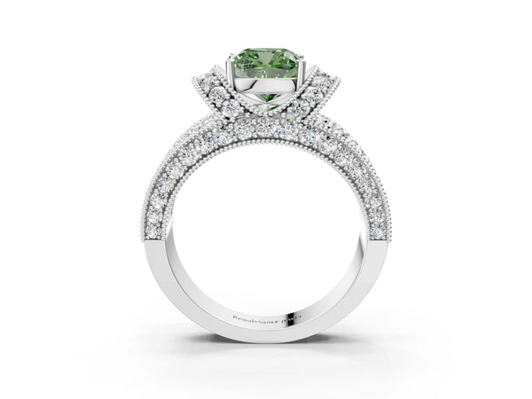White gold Fancy Green Cushion  Halo Pave Diamond Engagement Ring with Milgrain Detailing