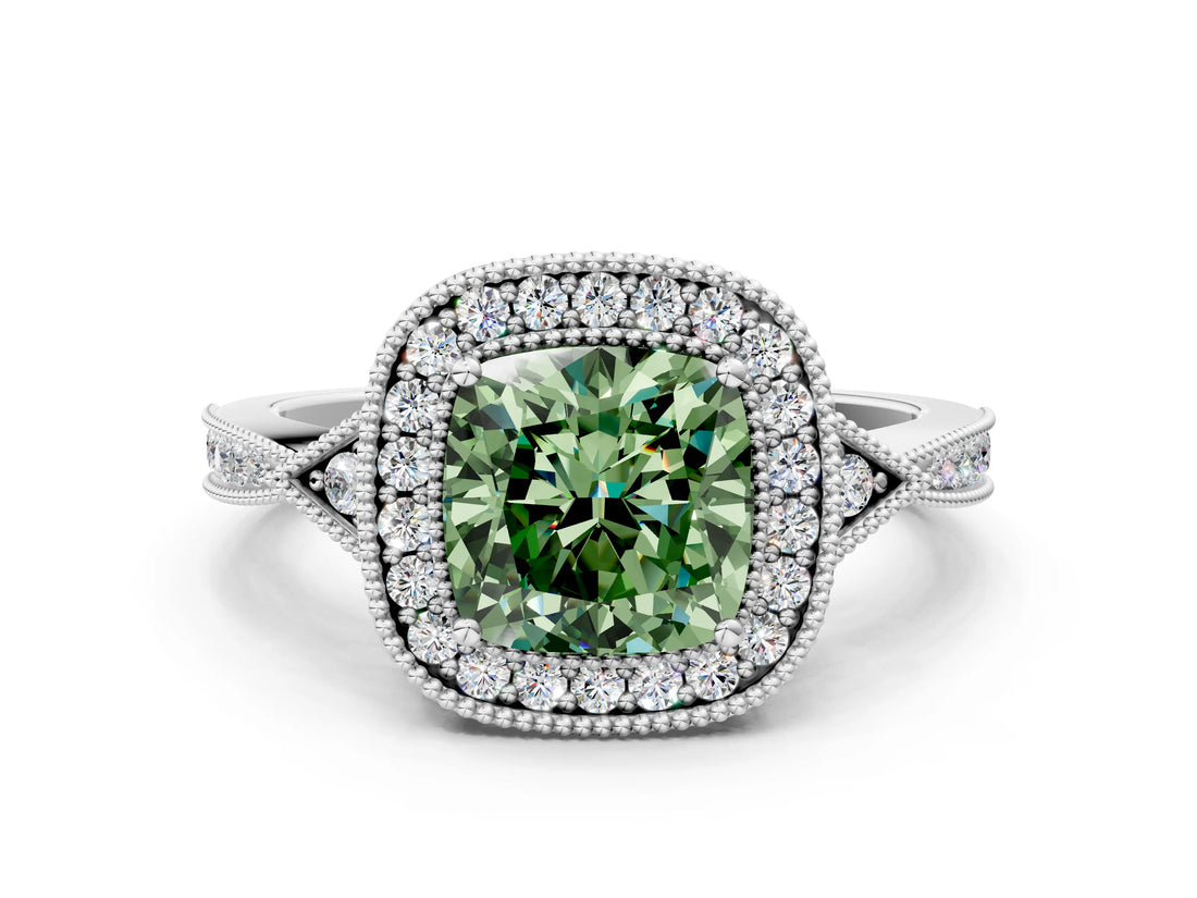 White gold Fancy Green Cushion  Halo Round Diamond Milgrain Pave Engagement Ring_3