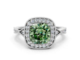White gold Fancy Green Cushion  Halo Round Diamond Milgrain Pave Engagement Ring_3