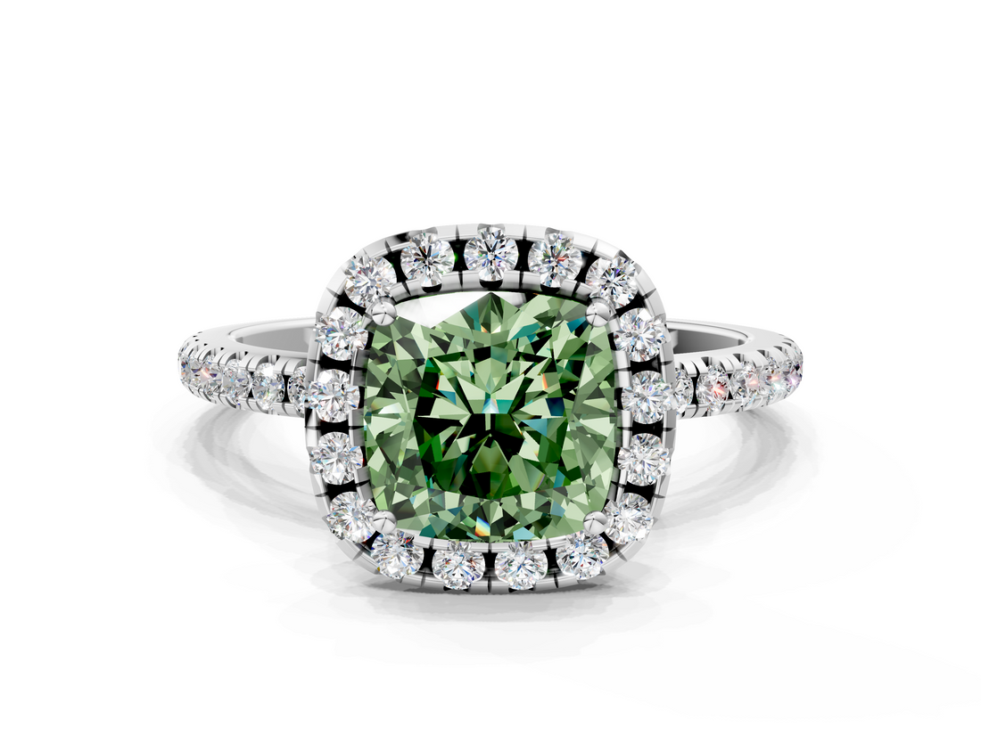 White gold Fancy Green Cushion  Halo Round Diamond Pavé Band Four-Prong Ring_3