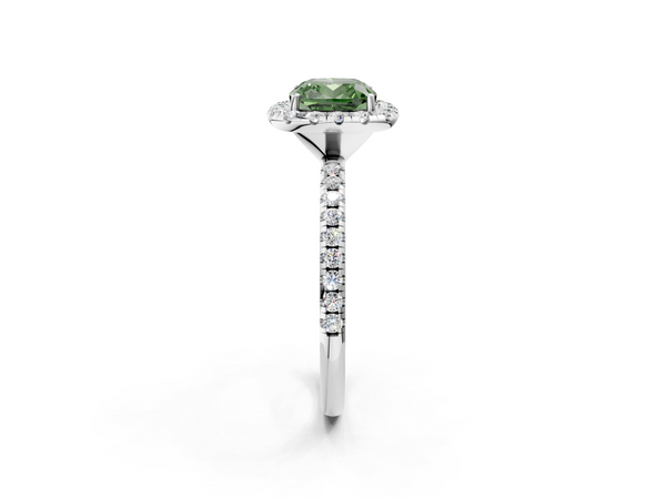 White gold Fancy Green Cushion  Halo Round Diamond Pavé Band Four-Prong Ring