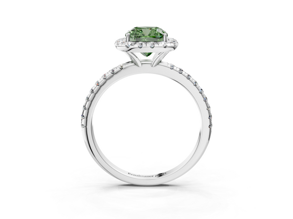 White gold Fancy Green Cushion  Halo Round Diamond Pavé Band Four-Prong Ring