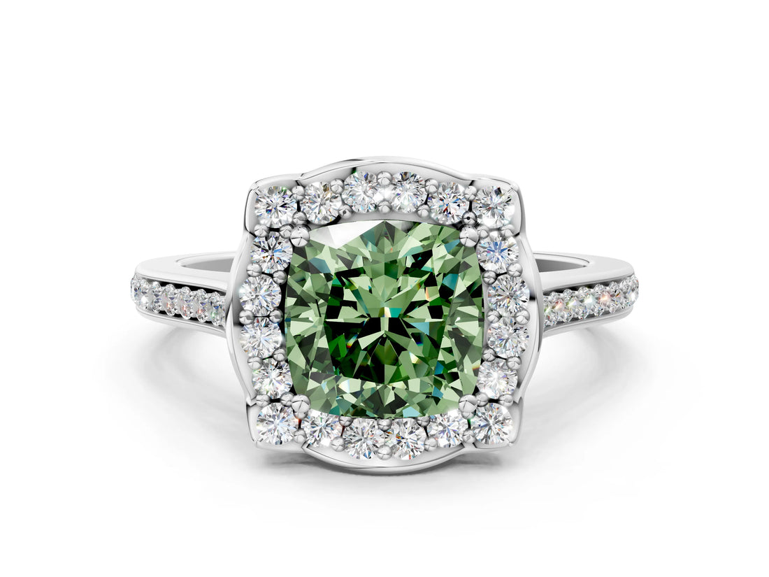 White gold Fancy Green Cushion  Halo Round Diamond Pave Band with Four-Prong Setting_50