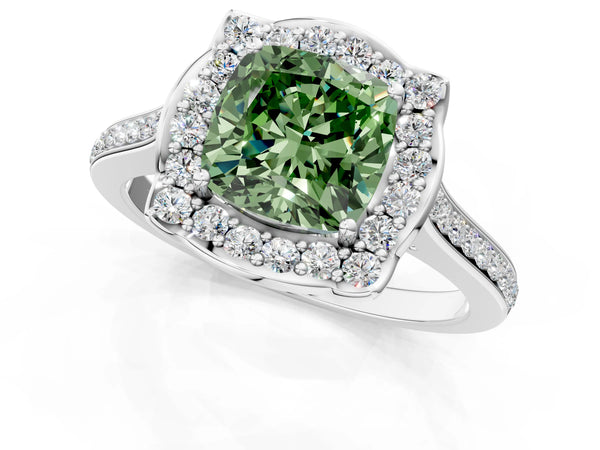Platinum Fancy Green Cushion  Halo Round Diamond Pave Band with Four-Prong Setting