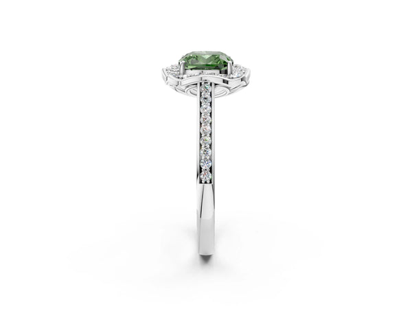 Platinum Fancy Green Cushion  Halo Round Diamond Pave Band with Four-Prong Setting