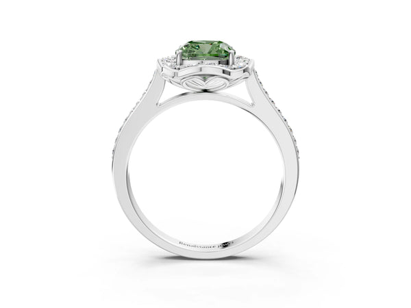 Platinum Fancy Green Cushion  Halo Round Diamond Pave Band with Four-Prong Setting