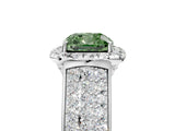 White gold Fancy Green Cushion  Halo Round Diamond Pave Band with Prong Setting