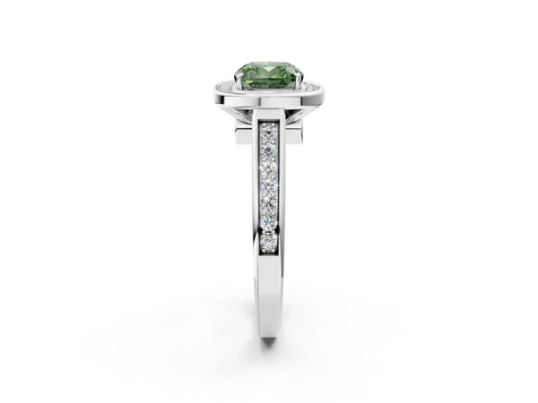 Platinum Fancy Green Cushion  Halo Solitaire Diamond Ring with Pave Band and Bezel Setting