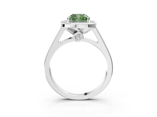 Platinum Fancy Green Cushion  Halo Solitaire Diamond Ring with Pave Band and Bezel Setting