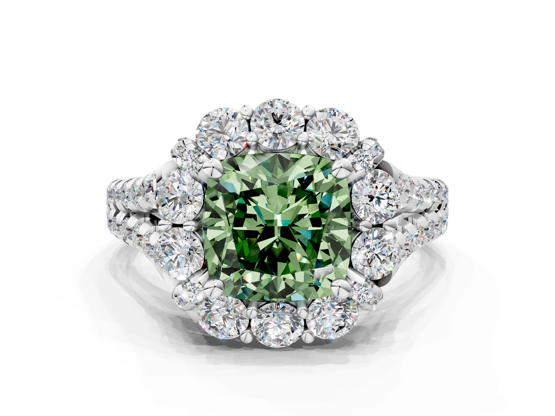 White gold Fancy Green Cushion  Halo Split Shank Diamond Engagement Ring with Pave Band and Four-Prong Setting_54