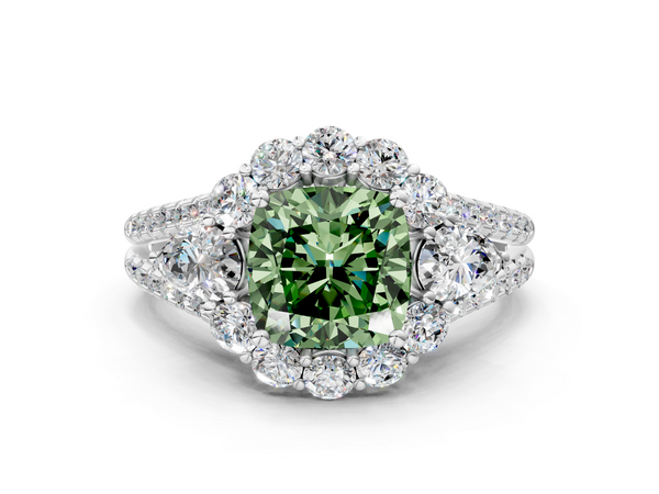 Platinum Fancy Green Cushion  Halo Split Shank Diamond Engagement Ring with Prong Setting