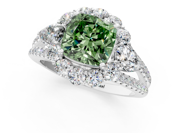 Platinum Fancy Green Cushion  Halo Split Shank Diamond Engagement Ring with Prong Setting